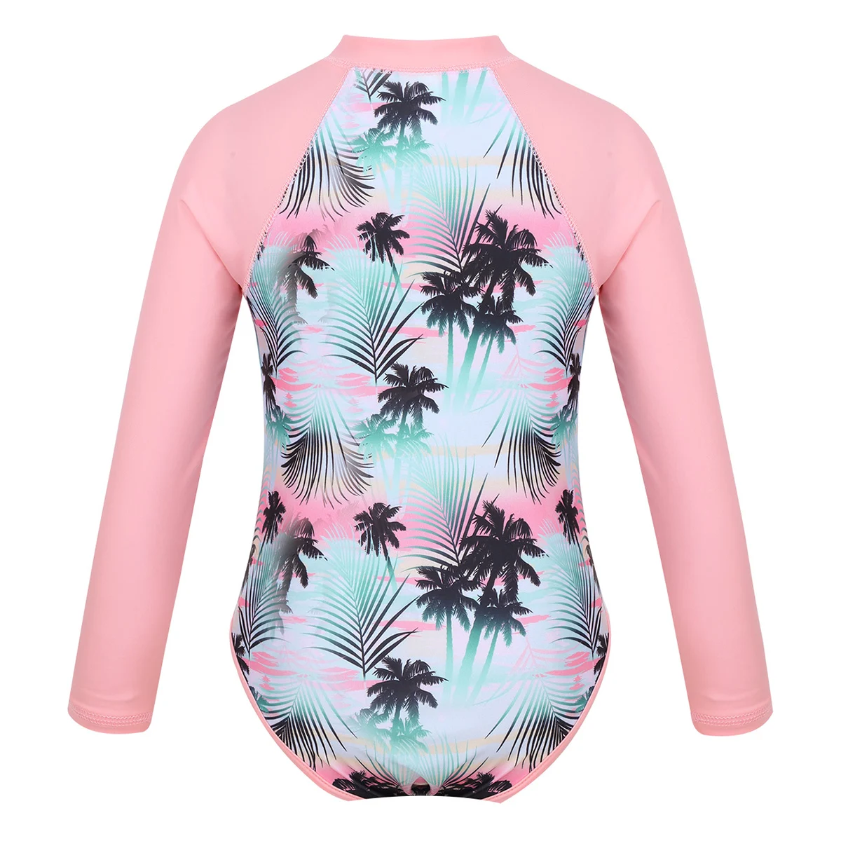 Kids Girls Gymnastics Leotard Swimwear One-piece Long Sleeves Palm Printed Zippered Swimsuit Swimwear Bathing Suit Rash Guard