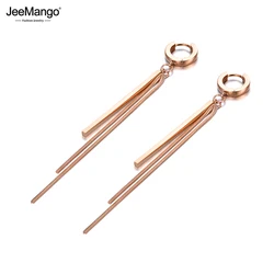 JeeMango Simple Long Strip & Chain Tassel Earrings For Women Girls Titanium Steel Bohemia Party Hoop Earrings JE19228