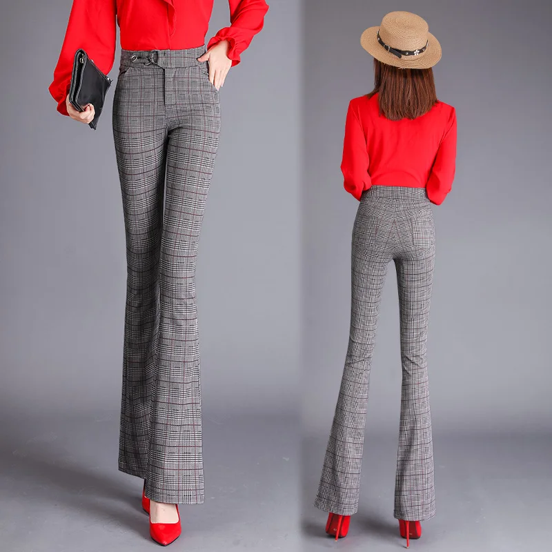 

Flare Women 2020 Spring Fashion Lady Trousers High Waist Skinny Pantalon Femme Workwear Office Woman Vintage Plaid Pants