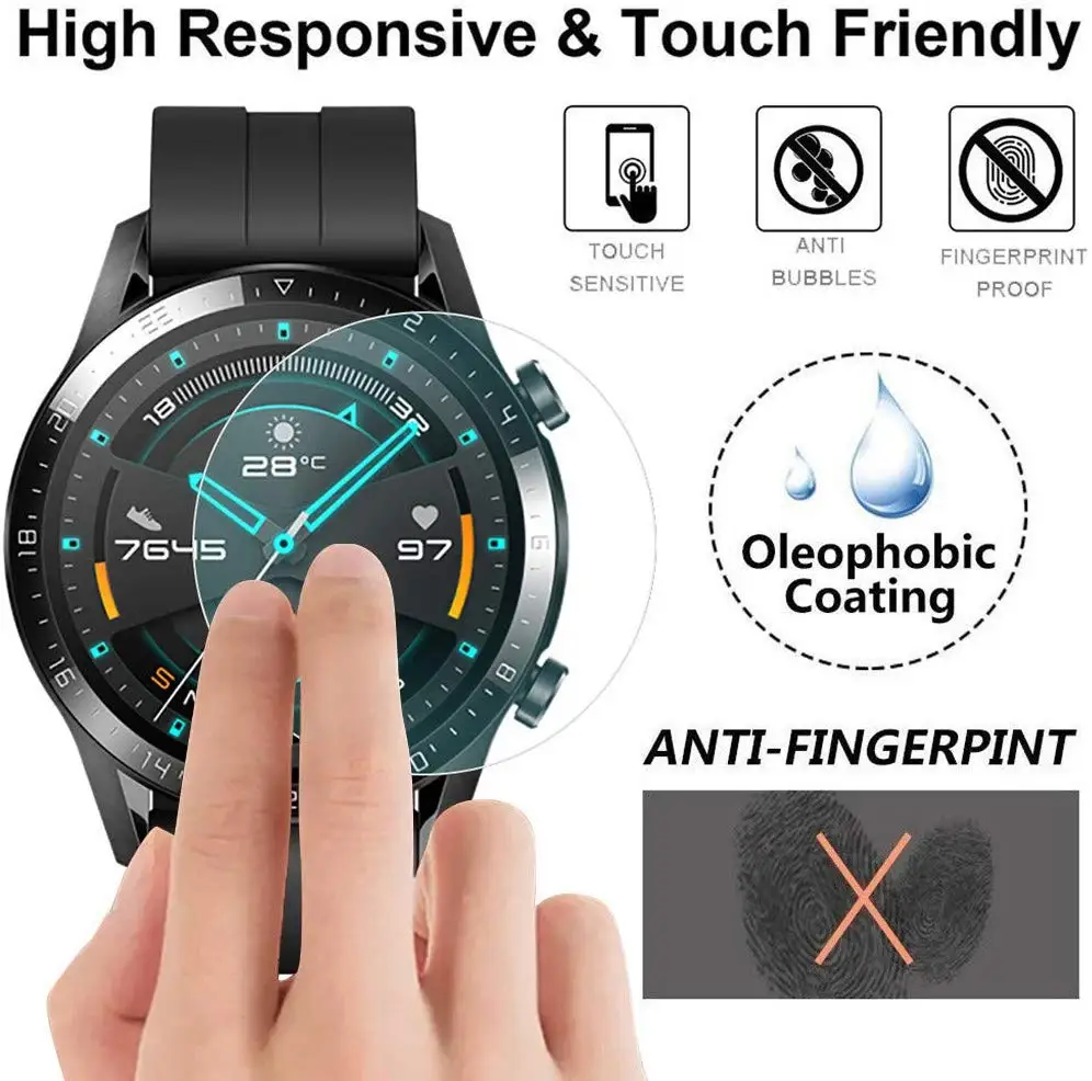 Screen Protector Film for Huawei Watch GT2 46mm Scratch-Resistant 9H Hardness HD Clear Tempered Glass Screen Protector Accessory