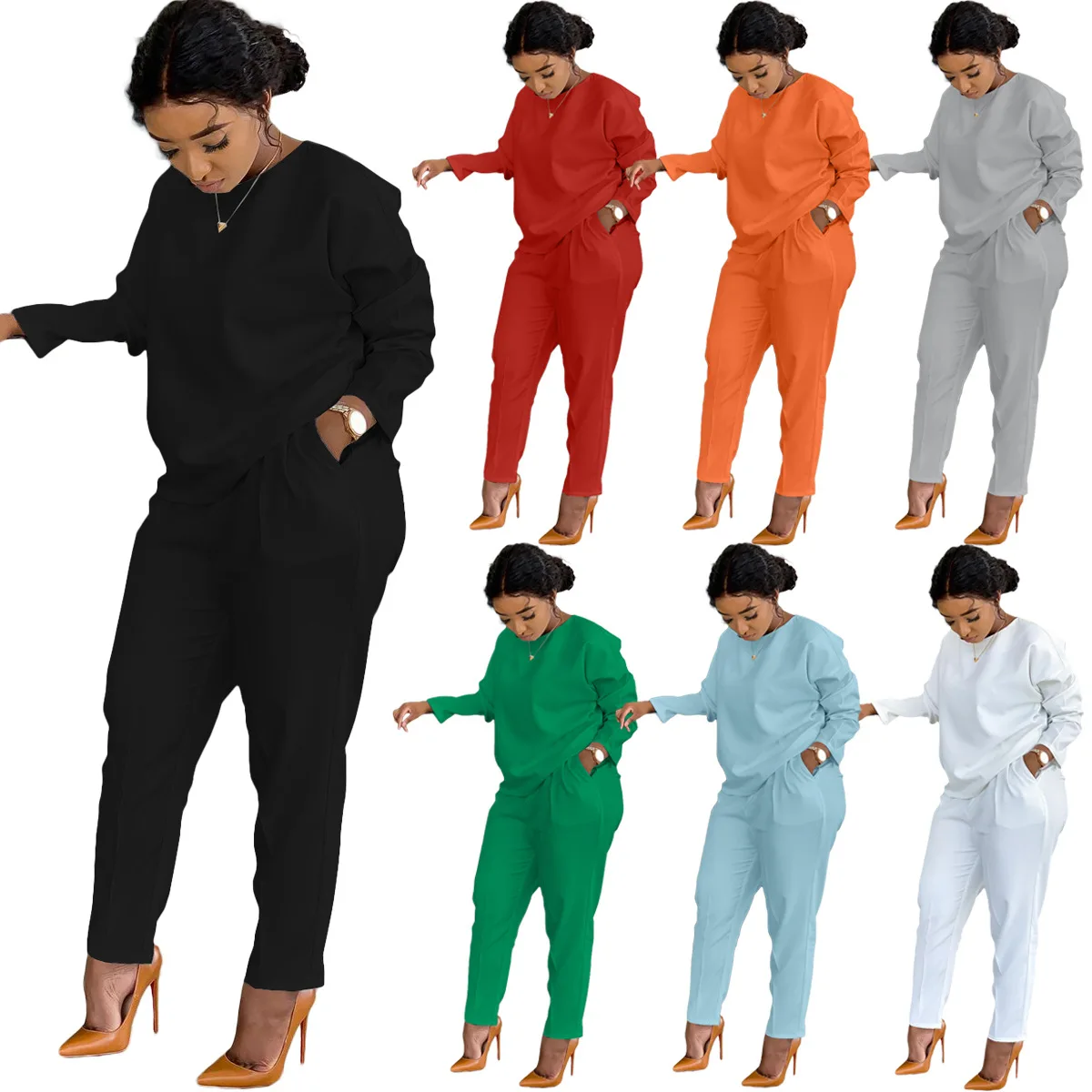 

Autumn Winter Women's Suit Solid Long Sleeve Pullover Sweatshirt And Elastic Wide Leg Pant Two Pieces Set Fashion Female Suits