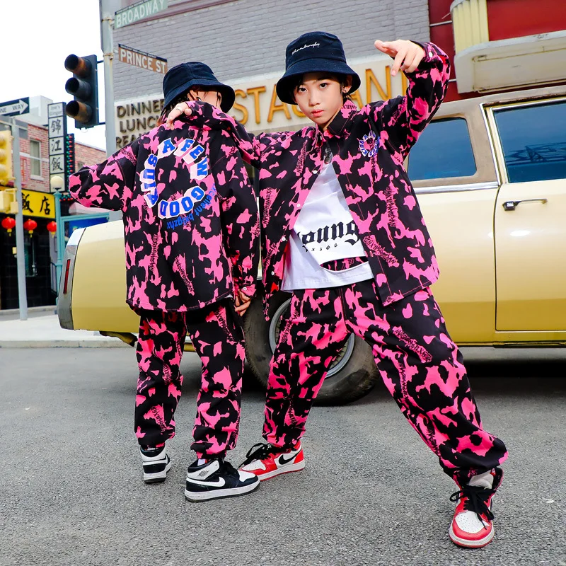 Traje de Kpop para niño y niña, ropa con estampado de gran tamaño, camisa HaraJuku, abrigo, ropa de calle, pantalones de Jogger, disfraz de baile Hip Hop