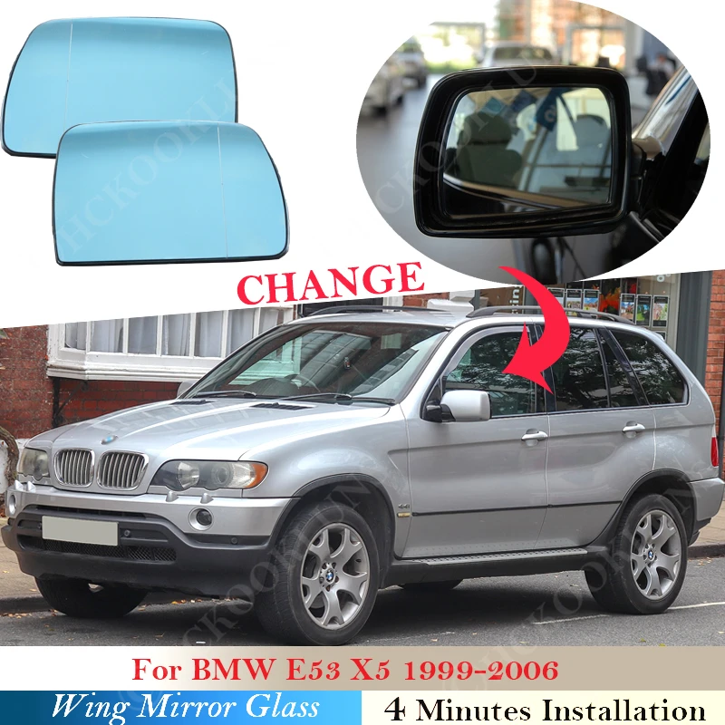 For BMW X5 Series E53 1999 ~2006 Car Heated Electric Side Mirror Glass Door Wing Rear View Rearview Replacement Blue 2005 2004