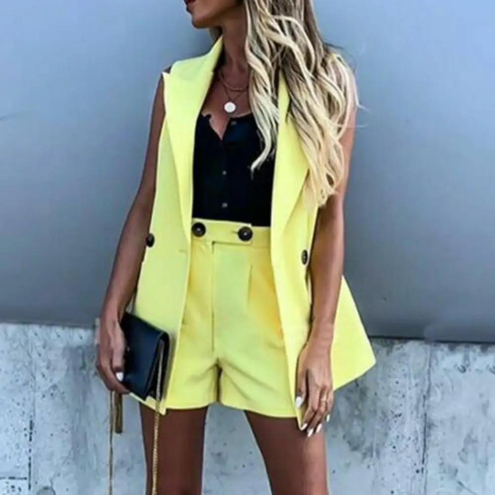 Fashion Women Workwear Sleeveless Plaid Button Elastic High Waist Blazer Top And Pocket Short Set Elegant Office Ladies Suits