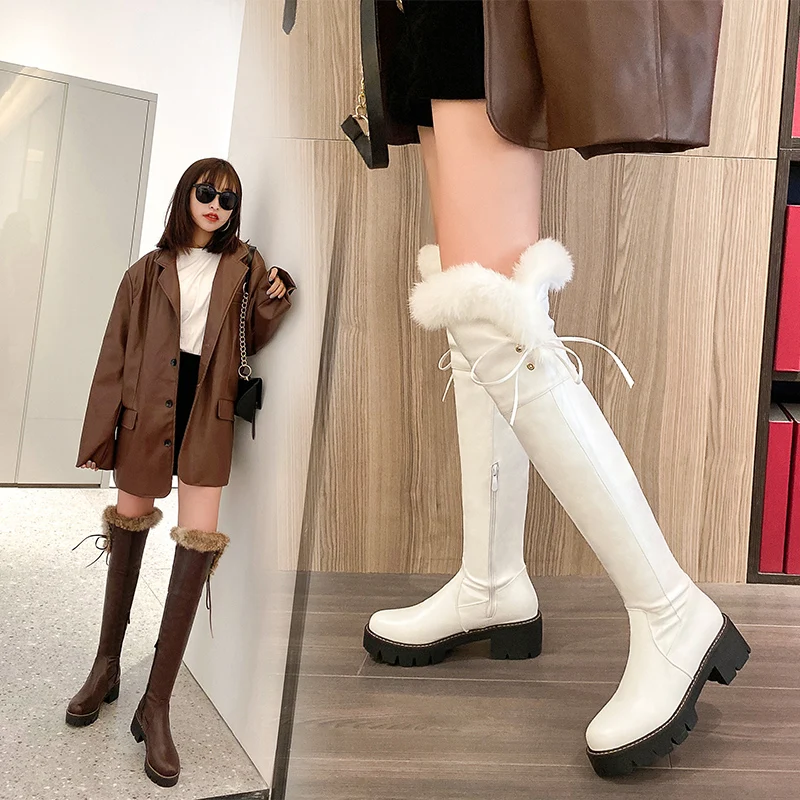 Cuffed Faux Fur Thick-Soled Over-The-Knee Boots Lace-Up Side Buckle Sweet Thick-Heeled Boots Warm And Comfortable Women\'s Shoes