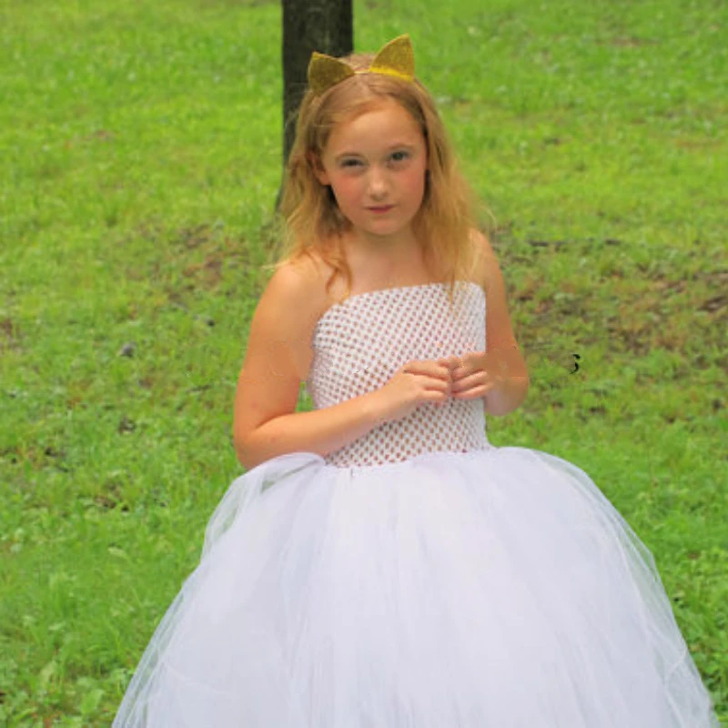 Vestido de tul para niña, vestido de tul con lazo para el pelo, corsé de ganchillo blanco para niña, disfraz para fiesta de cumpleaños y boda