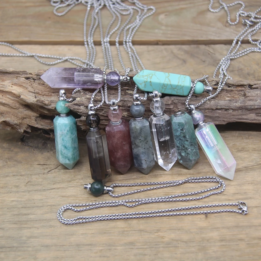 Natural Gems Crystal Hexagonal Point Essential Oil Vial Pendant Necklace Obsidian Turqupises Perfume Bottle Charm Jewelry QC1041