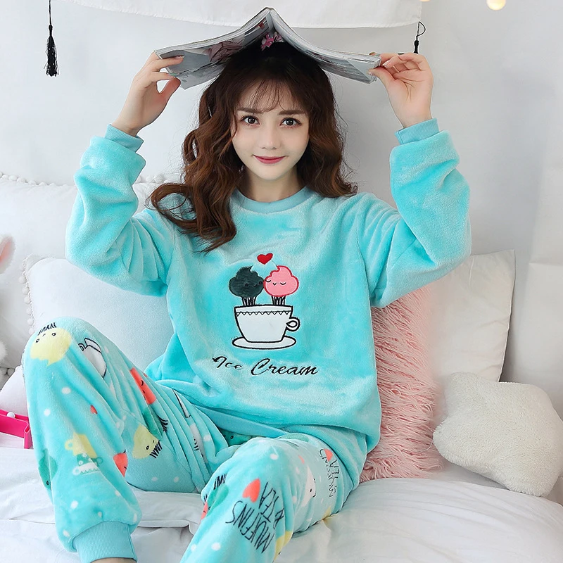 

New Pajamas Women Warm Flannel Long-Sleeved Thick Velvet Coral Fleece Cute Autumn And Winter Home Service Suit Pyjamas Mujer