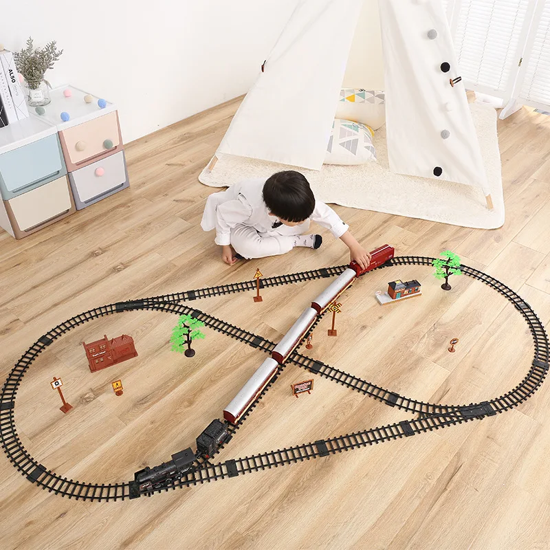 Classic Electric Train Toy Vihcle Railway Motorized Train DIY Track Railway Set Dynamic Steam RC Trains Electrique Toy For Kids