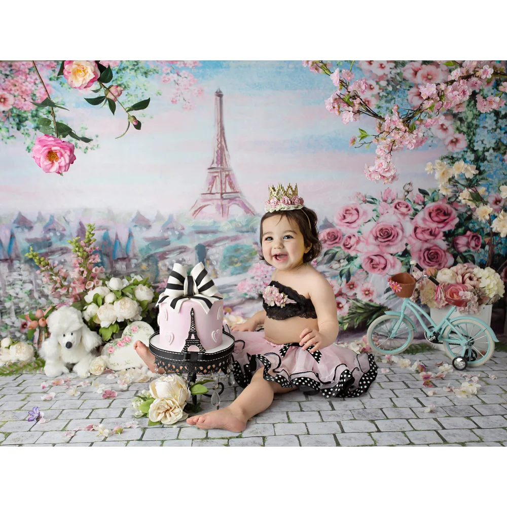 Romantic Paris-Newborn Baby Portrait Backdrop for Photo Studio Floral Eiffel Tower Background Kids Birthday Party Selfie Props