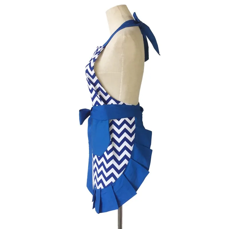 Lovely Vintage Blue Wavy Stripe Floral Ruffle Side Kitchen Cooking Apron with Pocket Gift for Women Girls Housewarming