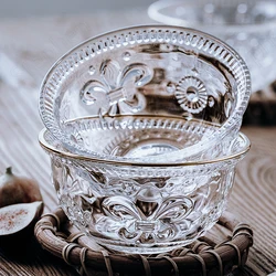 Golden Stroke Relief Craft Salad Bowl European Vintage Transparent Prismatic Glass Fruit Bowls Dessert Cereal Bowl Tableware