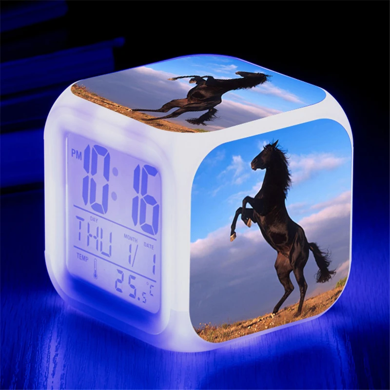 Animals Horse Digital Clocks Color Changing Despertador White Horses Led Alarm Clocks Action Figure Light Up Toys Doll Kids Gift