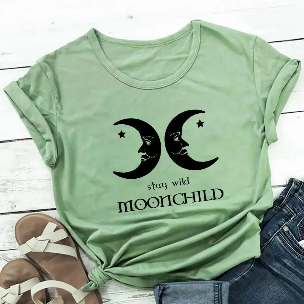 

Stay Wild Moonchild 100%Cotton Women Tshirt Astrology Shirt Unisex Summer Casual Short Sleeve Top Aesthetic 90s Graphic Tee