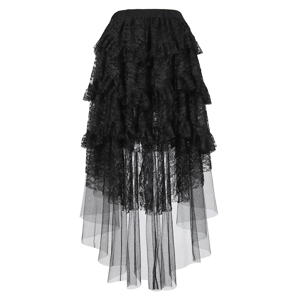 Sexy Black Lace Skirt for Women Layered Pleated Skirt Steampunk Asymmetrical High Low Ruffle Tulle Long Skirts Plus Size XS-6XL