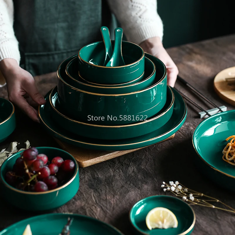 Malachite Green Phnom Penh Tableware Plate Home Dining Dishes Combination Soup Bowl Salad Bowl Nordic Light Luxury Style