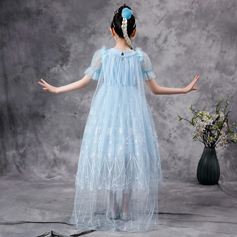 Robe de princesse pour filles, longue en maille, bleu, paillettes, vêtements d'halloween, reine des neiges, Cosplay, carnaval