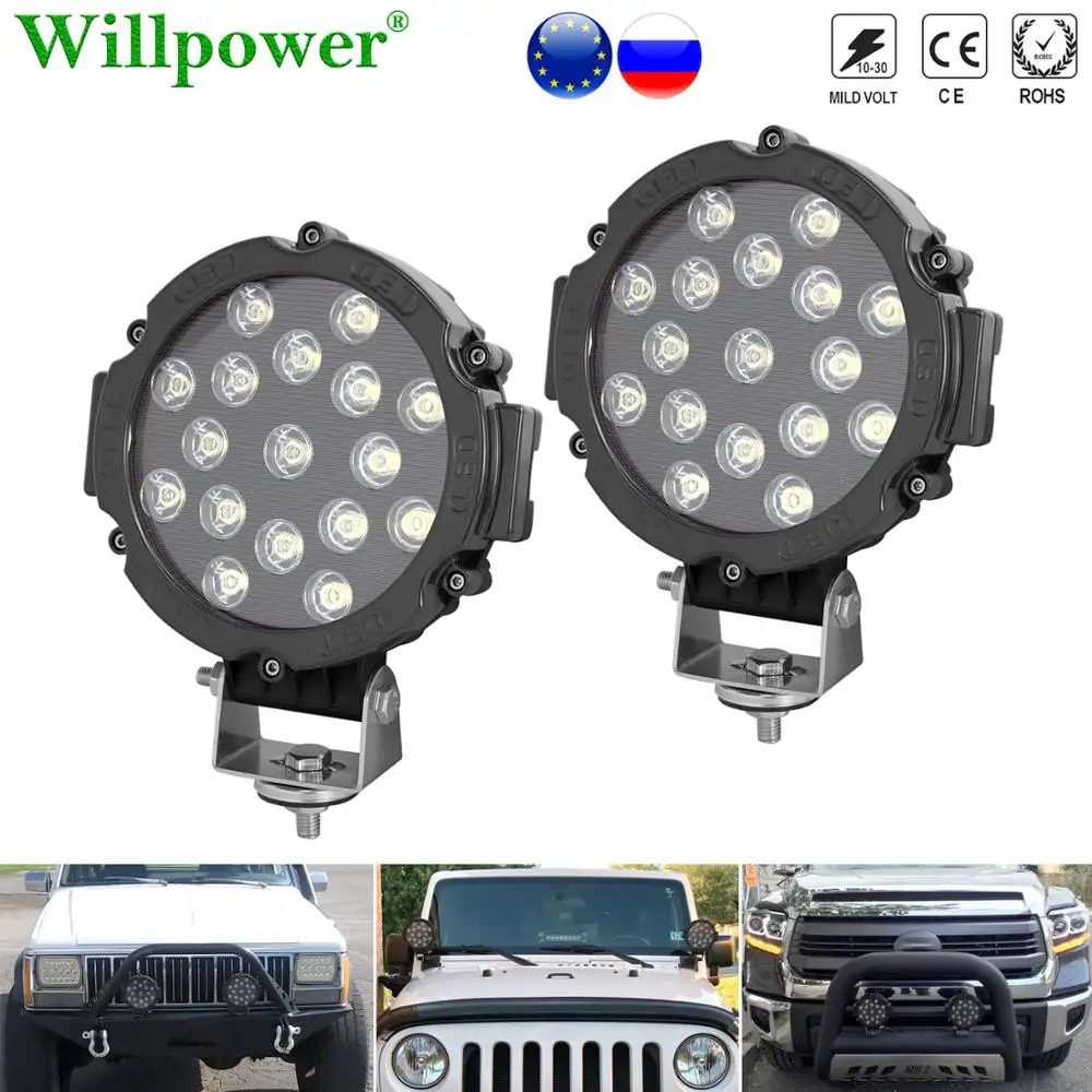 2x Offroad 4WD Car Roof Rack Spotlight 51W 7 inch LED Headlight For Jeep Wrangler 4x4 Truck SUV Pickup Flood Driving Fog Lamp