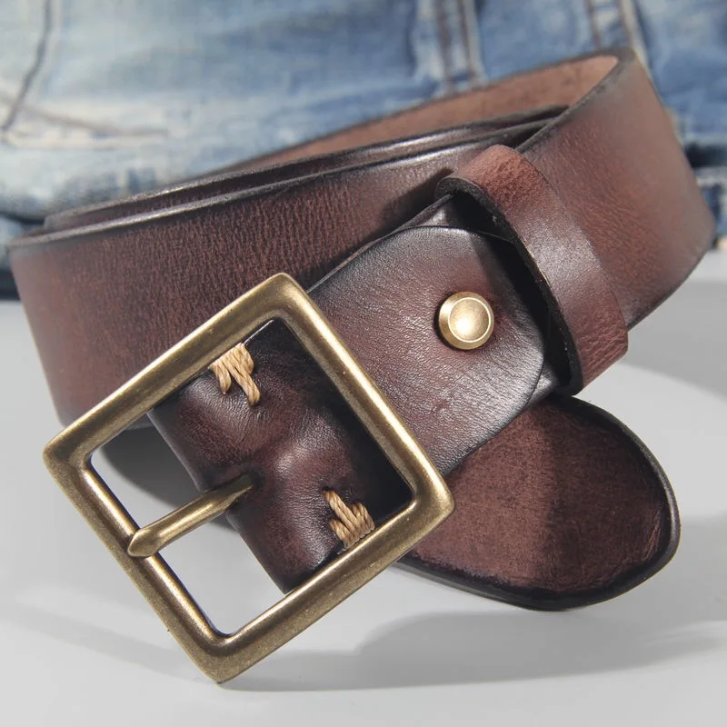 Vintage 100% Cowhide High Quality Retro Non-interlayer Natural Leather Copper Buckle Men's Belt Jeans Casual Pants Belt