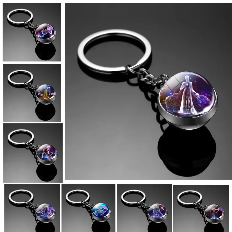 Keychain Charms Original 12 Constellation Key Ring Luminous Double-Sided Glass Ball Keychain Car Pendant Accessories Keychains