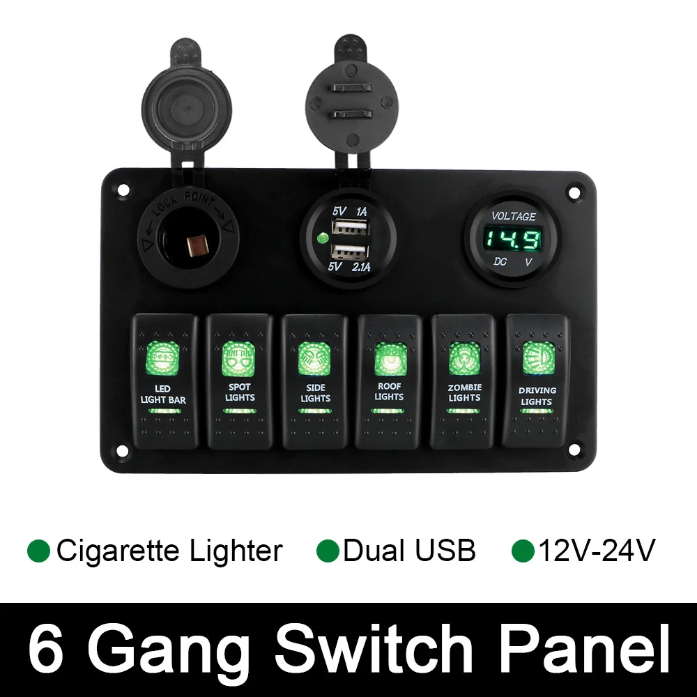 6 Gang Rocker Switch Panel LED Digital Voltmeter Car Marine Circuit Breaker Dual USB Ports Waterproof ON/OFF Lights DC 12V/24V