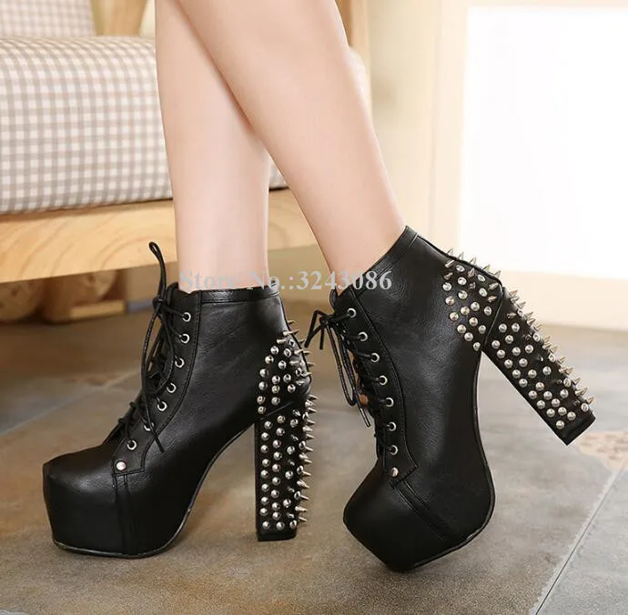 Women Black Leather Rivets Ankle Boots Fashion Lace-up Chunky Heel Spikes Short Boots Lady Large Size Dress Banquet Shoes