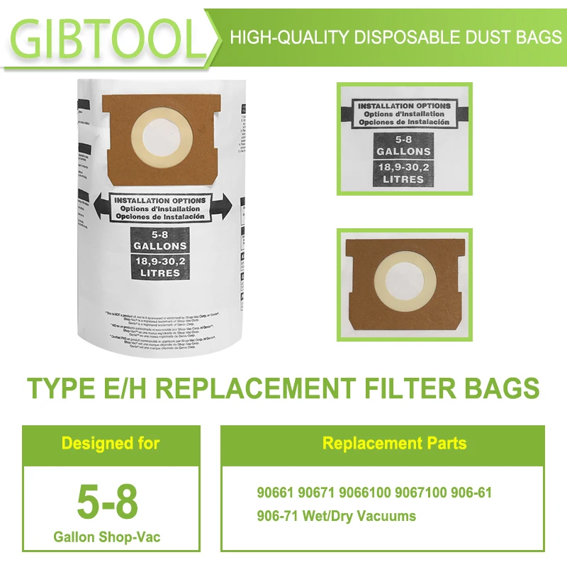 Replacement Bags for Shop Vac Type E/H 90661 906-61 9066100, 5-8 Gallon Vacuum Disposable Collection Dust Bag Accessories