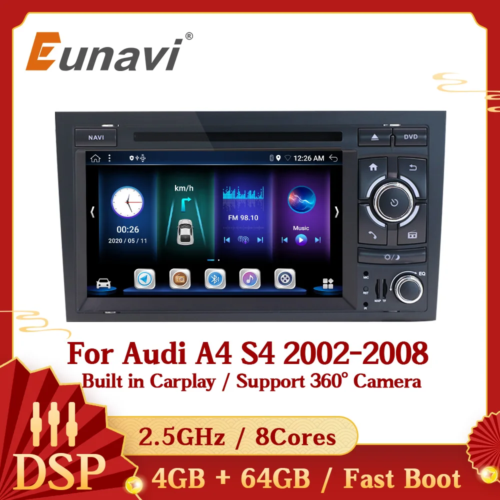 

Автомагнитола Eunavi, 2 Din, Android 10, для Audi A4 S4 2002-2008, автомагнитола 2 Din, стерео, 4 ГБ, 64 ГБ, 8 ядер, DSP, GPS-навигатор