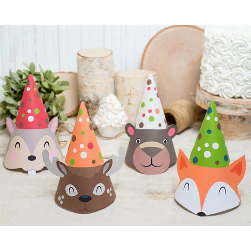 4pcs Woodland animals Fox squirrel bear Paper Caps Hats Children Party Photograph Items Birthday Party Decorations