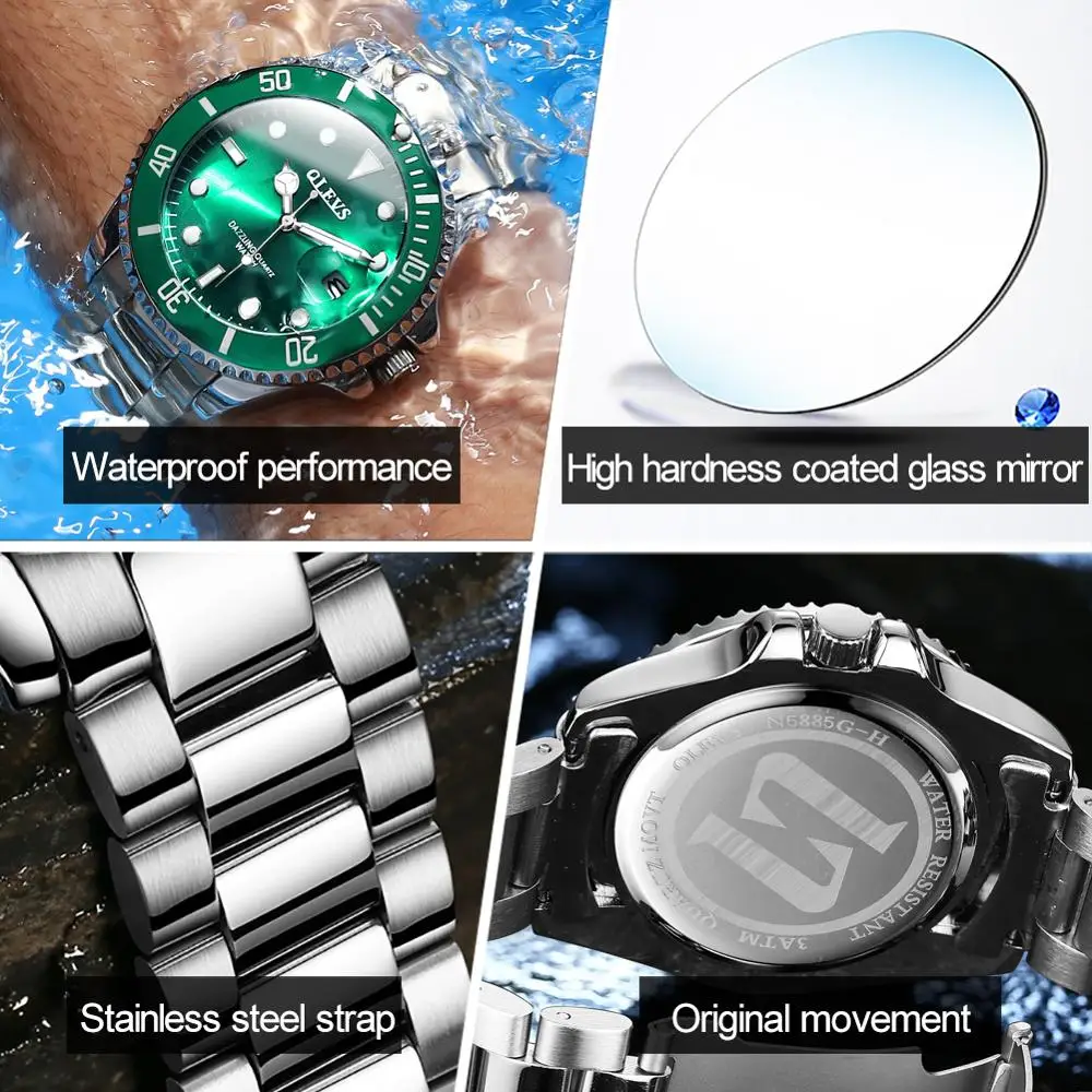 Olevs relógios masculinos marca de luxo moda à prova dwaterproof água luminosa mão verde dial quartzo esportes relógio pulso presentes para homem