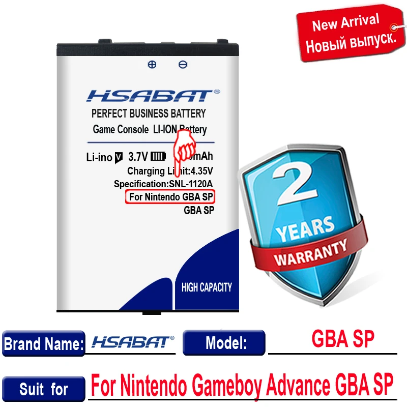 بطارية علوية HSABAT GBA SP بقدرة 1600 مللي أمبير في الساعة لبطاريات نينتندو GBA SP/Gameboy Advance GBA SP/Game Boy Advance SP (GBA)/GBASP