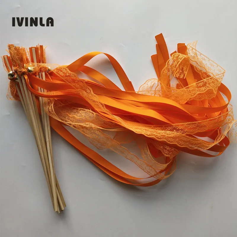 50pcs/lot orange Lace wedding ribbon wands  with sliver bell for wedding decoration