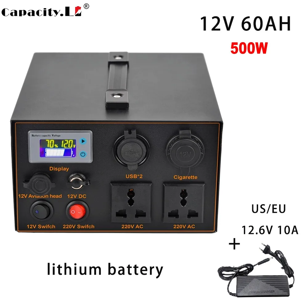 Portable Power Station 12V Backup Lithium Battery 220V/500W Pure Sine Wave AC Socket Rechargeable Battery Pack 60AH for Outdoor