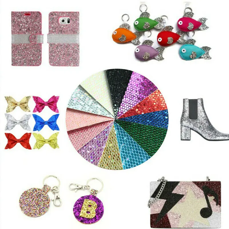 7pcs/set 20x15cm Bundle Self Adhesive Diamond Glitter Fabric Leather for Making Bow Hair Material and Wall Stairs Decoration DIY