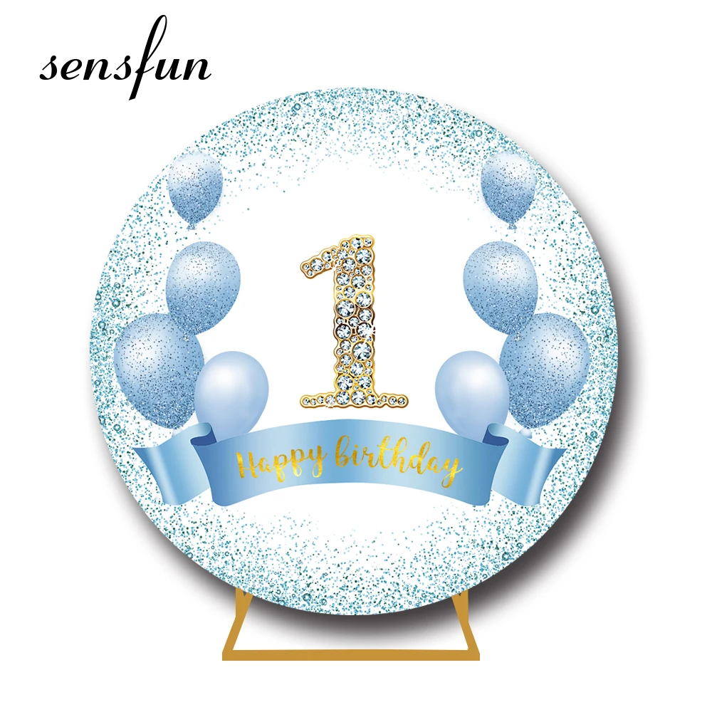 

Sensfun Soft Blue Balloons Glitter Round Backdrop Cover Boys Newborn Baby Shower 1st Birthday Party Circle Background Customized