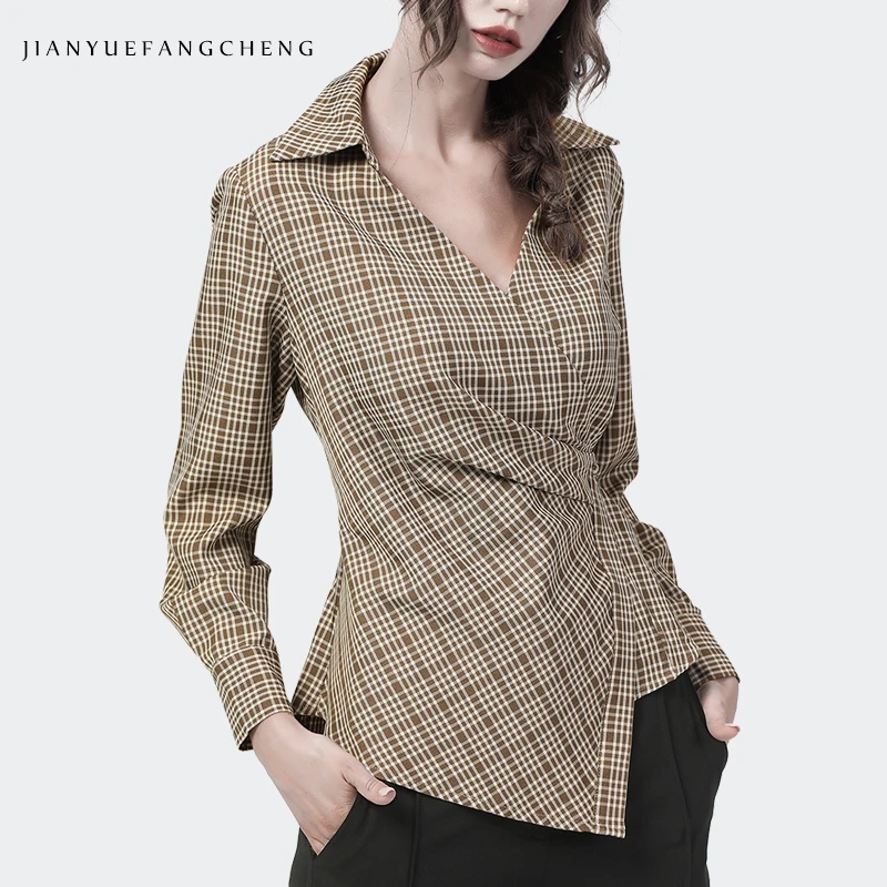 French Style V-Neck Women Plaid Shirt Long Sleeve Elegant Slim Side Single-Button Cardigan Top Outwear Irregular Length Blouse