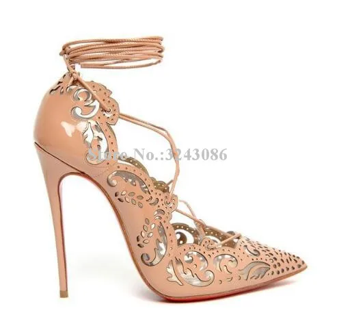 Sexy Hollow Out Cross-tied Woman Pumps Shoes Lady New Lace-up Stiletto Heel Sandals Shoes Blue Yellow Pink Gold Single Shoes