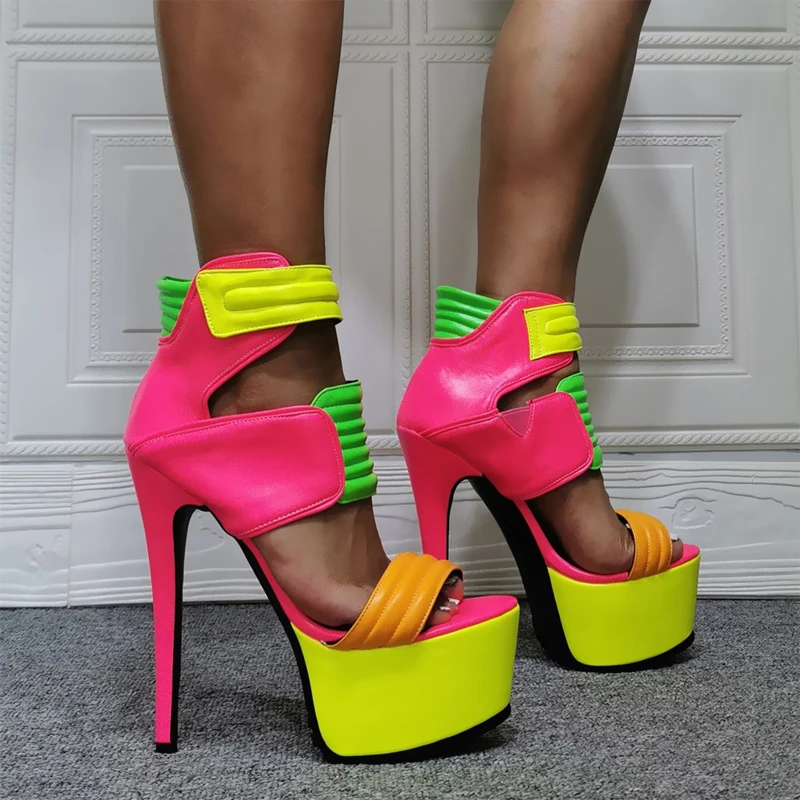 Bright Neon Color Patchwork Sandals High Heel Platform Peep Toe Mixed Colors Cosplay Show Shoes Magic Tape Summer Punk Sandals