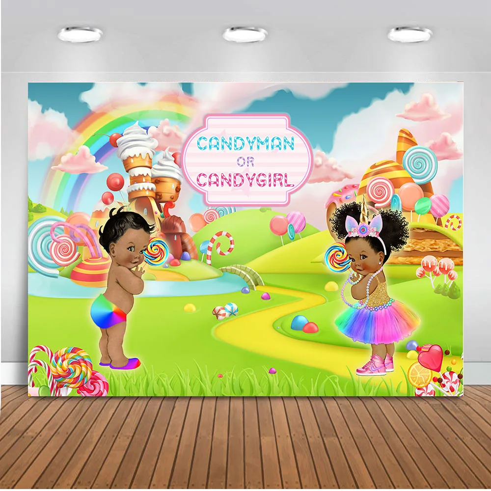 

Gender Reveal Baby Shower Photography Backdrop Fairy tale Candy World Candygirl or Candyman Background Baby shower Party Decor