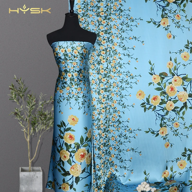 HYSK 100% pure mulbery silk satin fabric 19mm flower rose print duchess custom design silk charmeuse soft unique for dress C2460