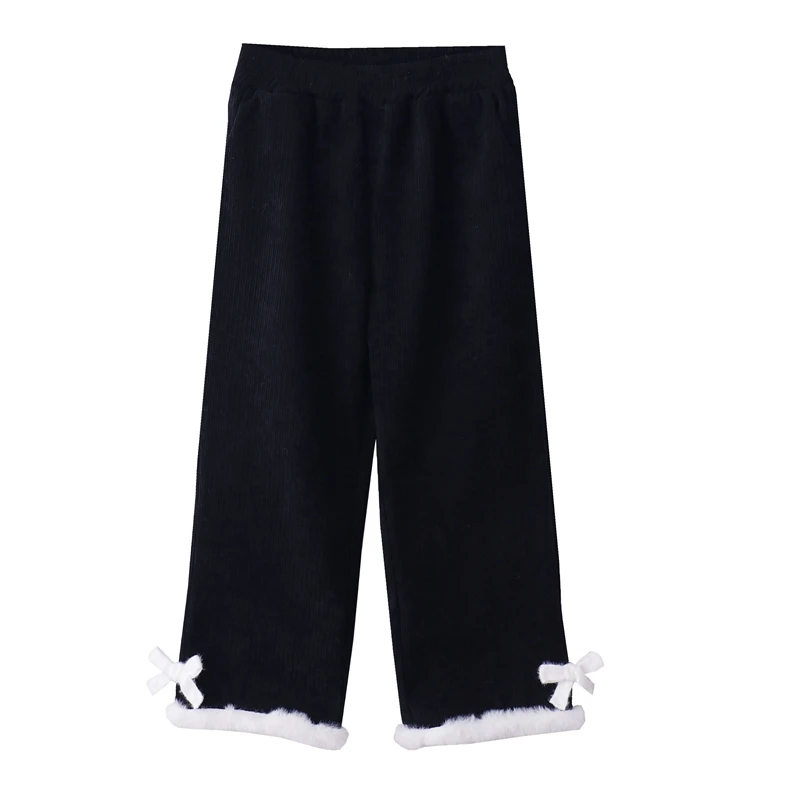 Winter Thick Kawaii Corduroy Pants Girls Fleece Wide Leg Women Japan Lolita Cute Aesthetic Casual Loose Black Ankle Length Pants