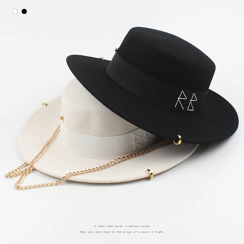 2021 hat female autumn and winter retro embroidery letter golden chain fashion flat top hat fedora hat wild wool top hat