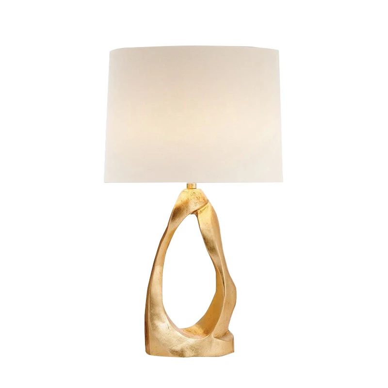 Art Simple Bedroom Golden Resin Hollow Table Lamp LED Living Room Study Decoration White Cloth Lampshade Desk Lamp