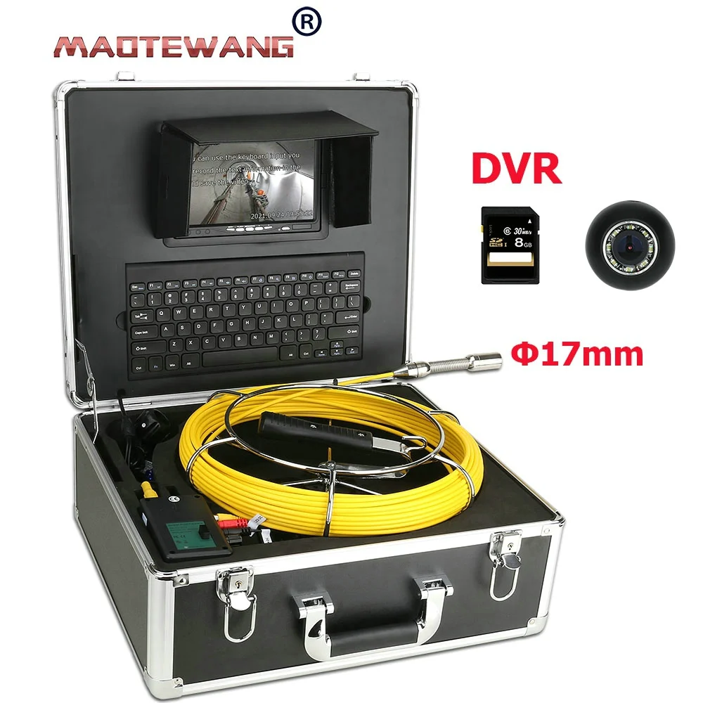 

7" Monitor 17mm Sewer Pipe Inspection Video Camera with keyboard, 8GB Card DVR IP68 Drain Sewer Pipeline Industrial Endoscope