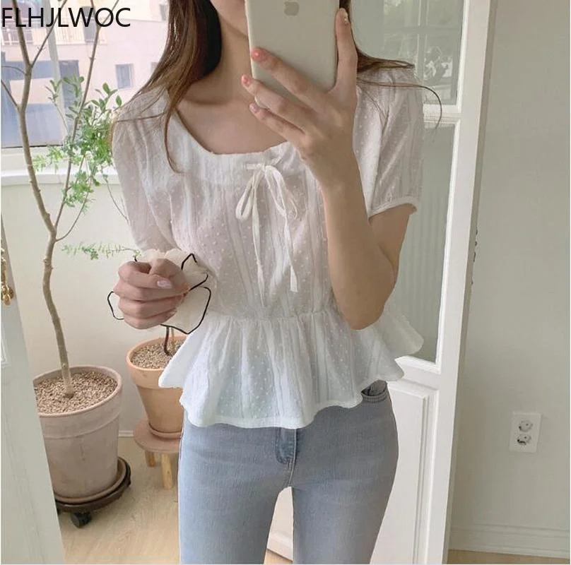 Embroidery Cute Chic Top Bow Tie Women Summer Korea Japan Style Flhjlwoc Vintage Slim Waist Peplum White Short Shirt Blouse