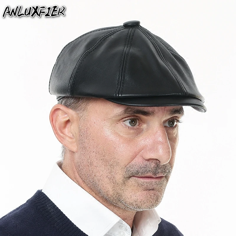 B-8655 Men's Fashion Fur Hat Students Black Leather Octagonal Hats Middle-aged Visors Cap Men's Winter Warm Painter Caps