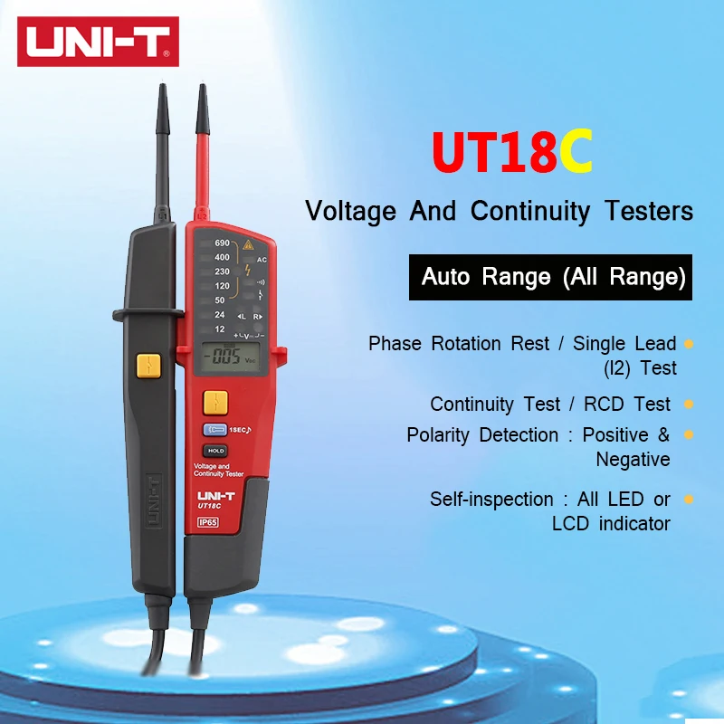 

UNI-T UT18C 0~690V AC DC Voltage Testers Polarity Detection No Power Test/LCD Display Auto Range IP65 Waterproof Meter RCD Test