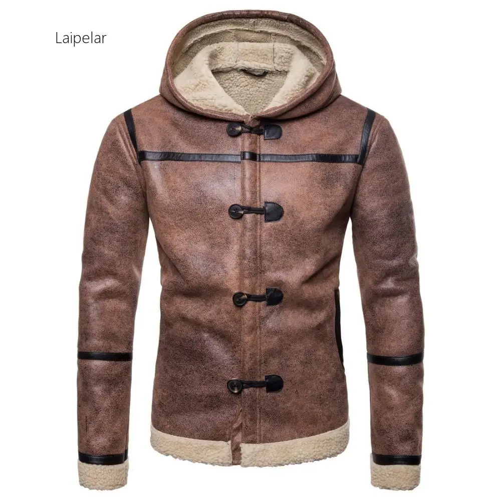 Streetwear PU Leather jacket men Warm fleece windbreaker outwear coat Zipper Hooded men jacket veste homme