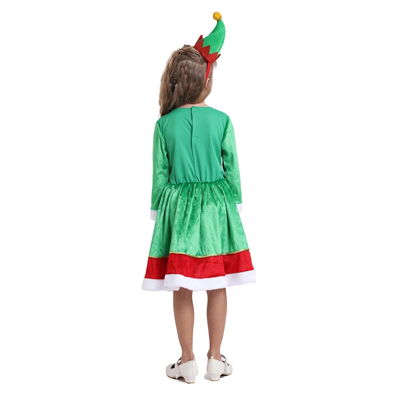 Santa Elf Costume With Hat Headband Green Santa Elf Dress Kids Girls Christmas Party Outfit Fairy Elf Clothing