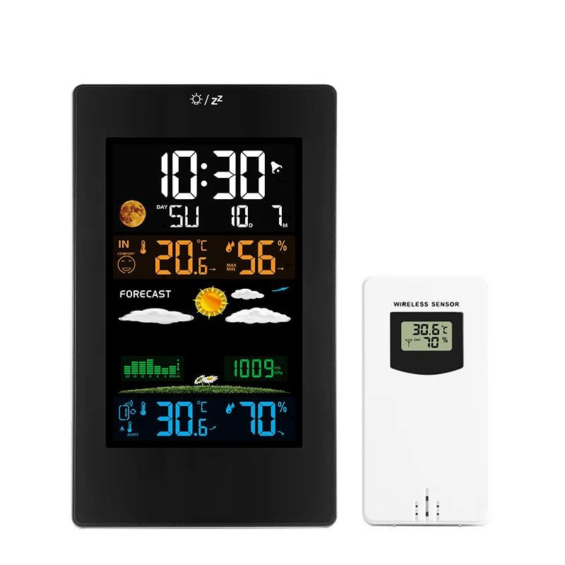 Digital Wall Temperature Humidity Meter Wireless Sensor Electronic Weather Forecast Alarm Clock Moon Phase Barometer Backlit